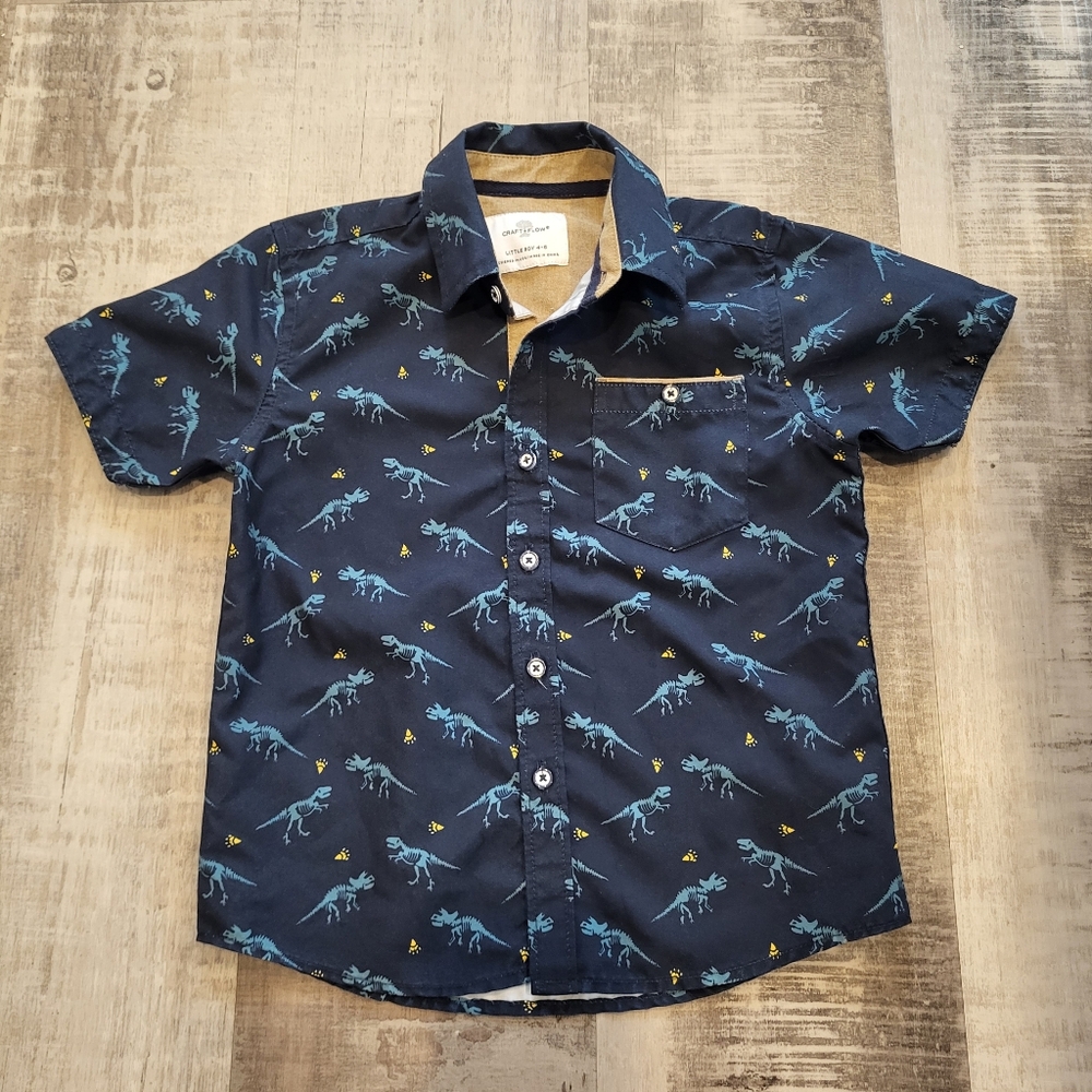 Craft + Flow Boys Short Sleeve Shirt Boy Size 4 Small Button Down Dinosaur